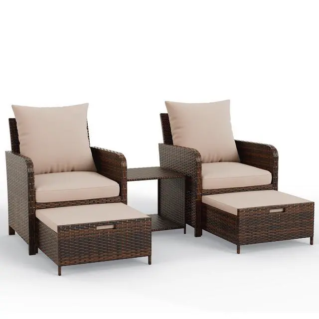 Alt view image 2 of 6 - Balcony Furniture Outdoor Patio Chair with Ottoman for Small Space, 5 Piece Wicker Patio Furniture Set with Side Table, Khaki