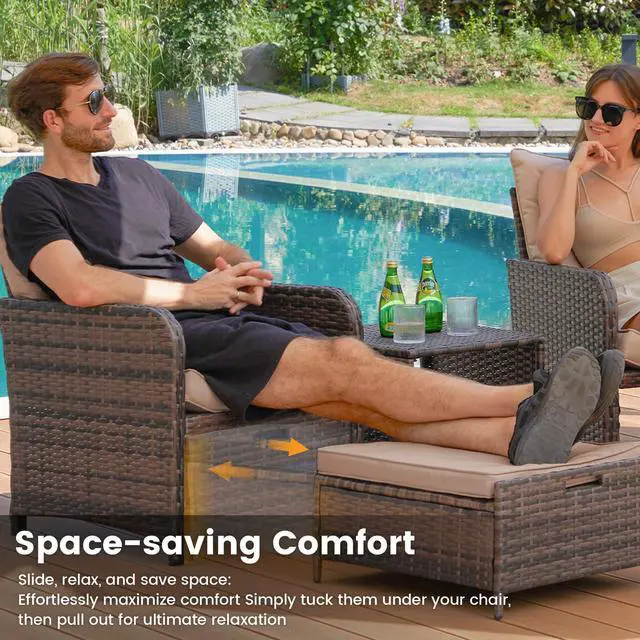Alt view image 3 of 6 - Balcony Furniture Outdoor Patio Chair with Ottoman for Small Space, 5 Piece Wicker Patio Furniture Set with Side Table, Khaki