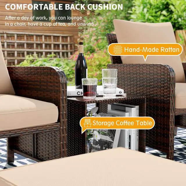 Alt view image 4 of 6 - Balcony Furniture Outdoor Patio Chair with Ottoman for Small Space, 5 Piece Wicker Patio Furniture Set with Side Table, Khaki