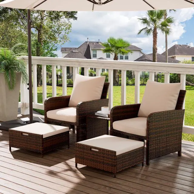 Alt view image 5 of 6 - Balcony Furniture Outdoor Patio Chair with Ottoman for Small Space, 5 Piece Wicker Patio Furniture Set with Side Table, Khaki