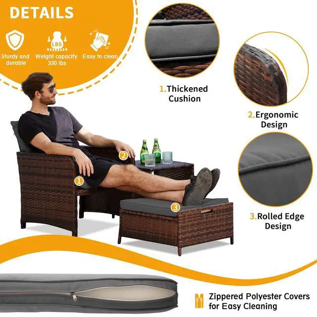 Alt view image 3 of 6 - Balcony Furniture Patio Chairs with Ottoman, 5 Piece Wicker Patio Furniture Set with Footrest for Front Porch Small Space