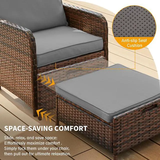 Alt view image 4 of 6 - Balcony Furniture Patio Chairs with Ottoman, 5 Piece Wicker Patio Furniture Set with Footrest for Front Porch Small Space