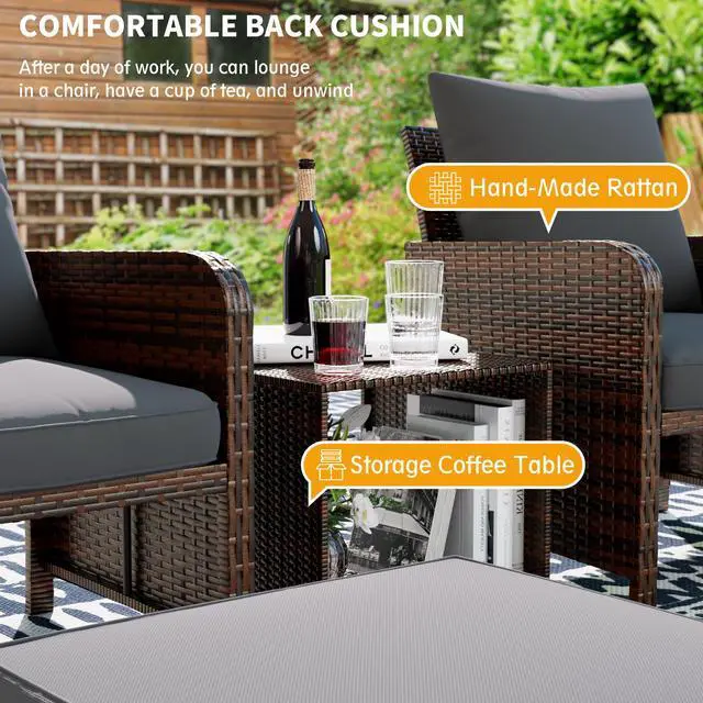 Alt view image 5 of 6 - Balcony Furniture Patio Chairs with Ottoman, 5 Piece Wicker Patio Furniture Set with Footrest for Front Porch Small Space