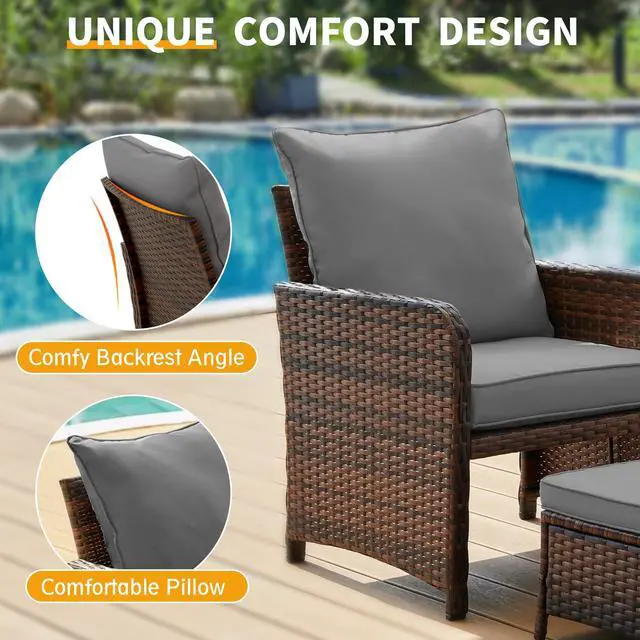 Alt view image 6 of 6 - Balcony Furniture Patio Chairs with Ottoman, 5 Piece Wicker Patio Furniture Set with Footrest for Front Porch Small Space