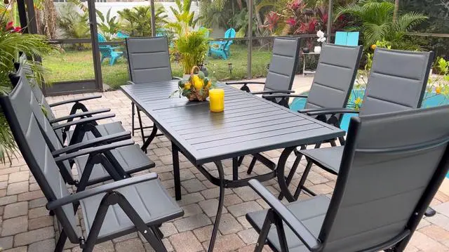 Alt view image 2 of 6 - 6-8 Person Outdoor Aluminum Dining Table with Height Adjustable Feet and Slatted Tabletop Large Rectangle Patio Table for Garden Porch Deck