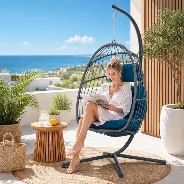 Main image of Wicker Rattan Hanging Swing Egg Chair, Aluminum Frame and UV Resistant Cushion, Indoor Outdoor Patio Porch Lounge Hand Made Chair 350LBS Capacity
