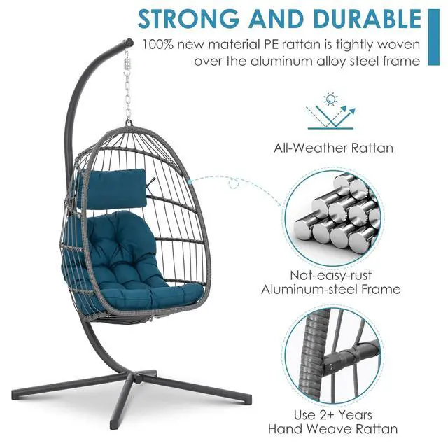 Alt view image 2 of 6 - Wicker Rattan Hanging Swing Egg Chair, Aluminum Frame and UV Resistant Cushion, Indoor Outdoor Patio Porch Lounge Hand Made Chair 350LBS Capacity