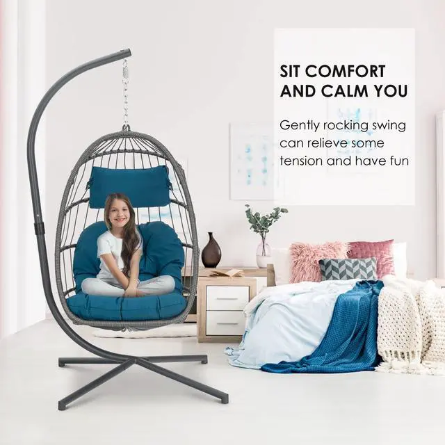 Alt view image 5 of 6 - Wicker Rattan Hanging Swing Egg Chair, Aluminum Frame and UV Resistant Cushion, Indoor Outdoor Patio Porch Lounge Hand Made Chair 350LBS Capacity