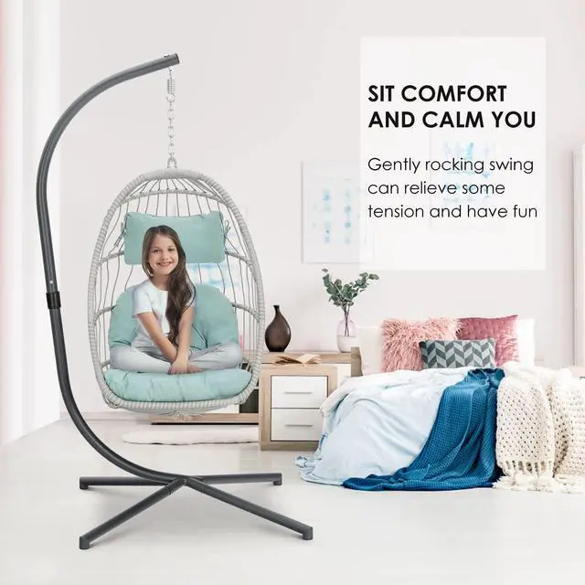 Alt view image 4 of 6 - Egg Chair with Stand Indoor Outdoor Swing Egg Chair, Patio Wicker Hanging Chair with Stand Hammock Egg Chairs with UV Resistant Cushion and Aluminum Frame for Bedroom Balcony Garden Light Blue