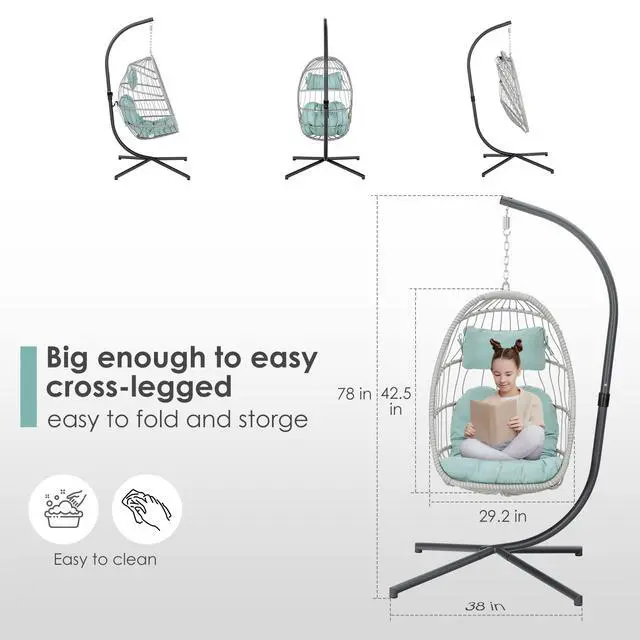 Alt view image 5 of 6 - Egg Chair with Stand Indoor Outdoor Swing Egg Chair, Patio Wicker Hanging Chair with Stand Hammock Egg Chairs with UV Resistant Cushion and Aluminum Frame for Bedroom Balcony Garden Light Blue