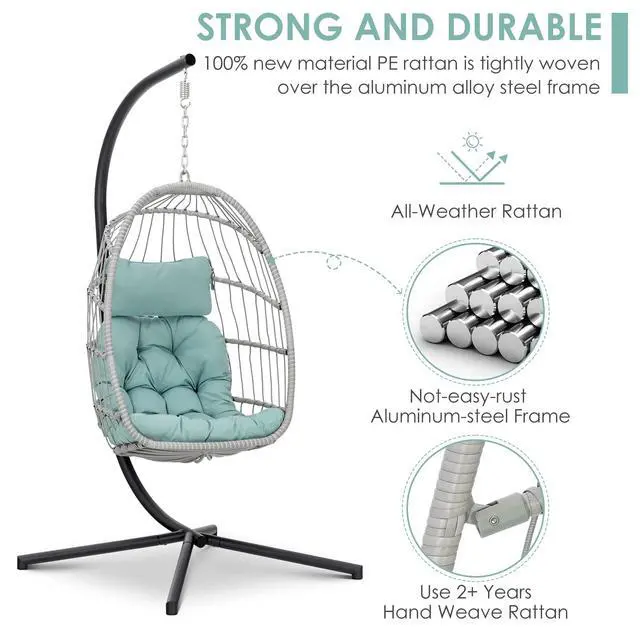 Alt view image 6 of 6 - Egg Chair with Stand Indoor Outdoor Swing Egg Chair, Patio Wicker Hanging Chair with Stand Hammock Egg Chairs with UV Resistant Cushion and Aluminum Frame for Bedroom Balcony Garden Light Blue