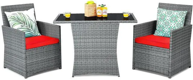Main image of 3 Pieces Patio Dining Set, Patiojoy Space-Saving PE Rattan Bistro Set with Tempered Glass Top Table and Cushioned Chairs, Outdoor Conversation Set for Garden, Backyard, Poolside, Porch (Red)