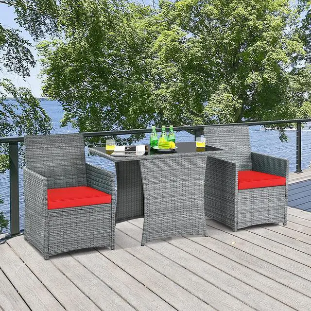 Alt view image 2 of 6 - 3 Pieces Patio Dining Set, Patiojoy Space-Saving PE Rattan Bistro Set with Tempered Glass Top Table and Cushioned Chairs, Outdoor Conversation Set for Garden, Backyard, Poolside, Porch (Red)