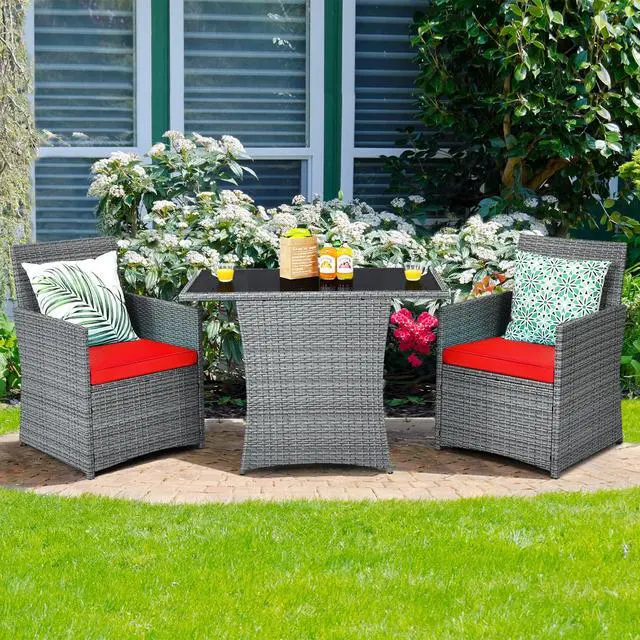 Alt view image 3 of 6 - 3 Pieces Patio Dining Set, Patiojoy Space-Saving PE Rattan Bistro Set with Tempered Glass Top Table and Cushioned Chairs, Outdoor Conversation Set for Garden, Backyard, Poolside, Porch (Red)