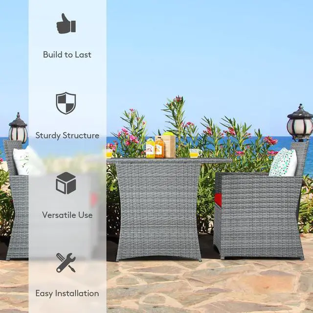 Alt view image 4 of 6 - 3 Pieces Patio Dining Set, Patiojoy Space-Saving PE Rattan Bistro Set with Tempered Glass Top Table and Cushioned Chairs, Outdoor Conversation Set for Garden, Backyard, Poolside, Porch (Red)
