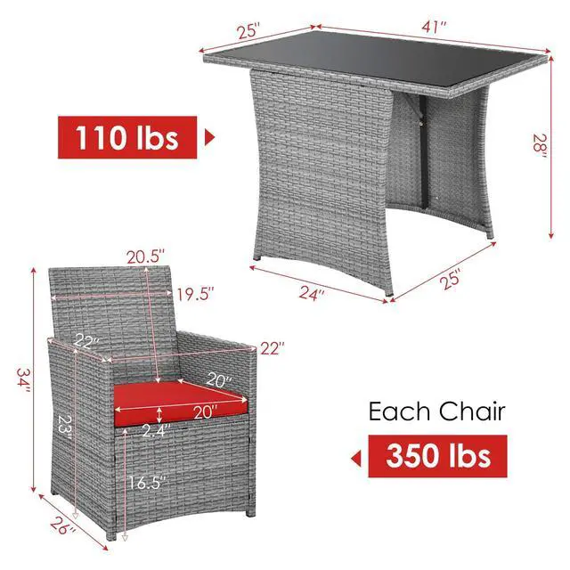 Alt view image 5 of 6 - 3 Pieces Patio Dining Set, Patiojoy Space-Saving PE Rattan Bistro Set with Tempered Glass Top Table and Cushioned Chairs, Outdoor Conversation Set for Garden, Backyard, Poolside, Porch (Red)