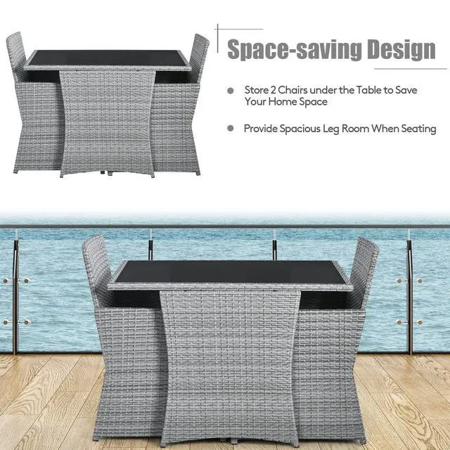 Alt view image 6 of 6 - 3 Pieces Patio Dining Set, Patiojoy Space-Saving PE Rattan Bistro Set with Tempered Glass Top Table and Cushioned Chairs, Outdoor Conversation Set for Garden, Backyard, Poolside, Porch (Red)