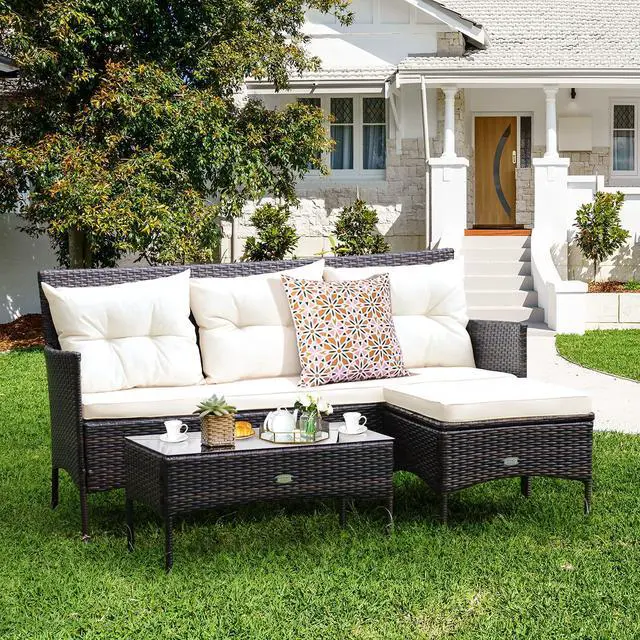Alt view image 2 of 6 - 3 Pieces Patio Conversation Set, Outdoor PE Rattan Wicker Furniture Set W/Cozy Cushions, All Weather Sectional Sofa Set W/Tempered Glass Coffee Table for Poolside, Backyard, Garden