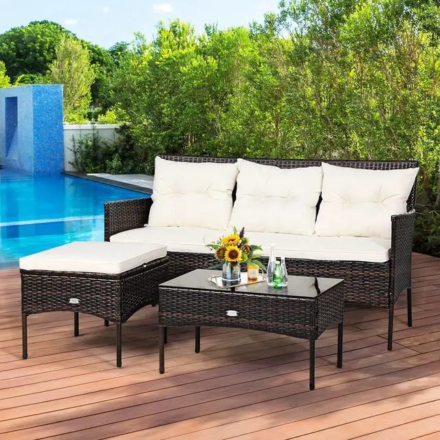Alt view image 3 of 6 - 3 Pieces Patio Conversation Set, Outdoor PE Rattan Wicker Furniture Set W/Cozy Cushions, All Weather Sectional Sofa Set W/Tempered Glass Coffee Table for Poolside, Backyard, Garden