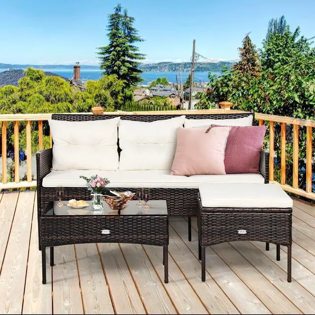 Alt view image 4 of 6 - 3 Pieces Patio Conversation Set, Outdoor PE Rattan Wicker Furniture Set W/Cozy Cushions, All Weather Sectional Sofa Set W/Tempered Glass Coffee Table for Poolside, Backyard, Garden