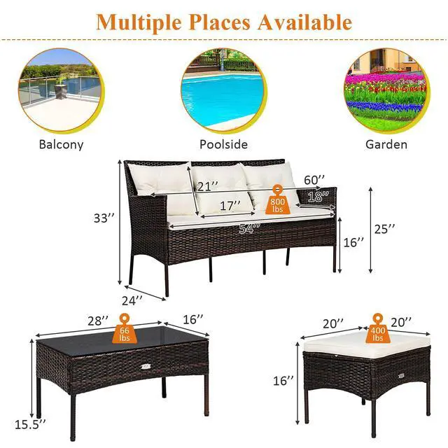 Alt view image 5 of 6 - 3 Pieces Patio Conversation Set, Outdoor PE Rattan Wicker Furniture Set W/Cozy Cushions, All Weather Sectional Sofa Set W/Tempered Glass Coffee Table for Poolside, Backyard, Garden