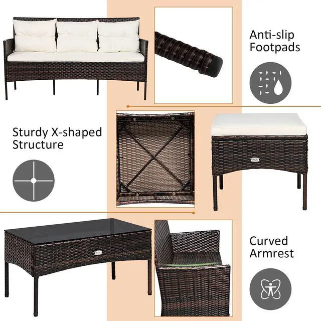 Alt view image 6 of 6 - 3 Pieces Patio Conversation Set, Outdoor PE Rattan Wicker Furniture Set W/Cozy Cushions, All Weather Sectional Sofa Set W/Tempered Glass Coffee Table for Poolside, Backyard, Garden
