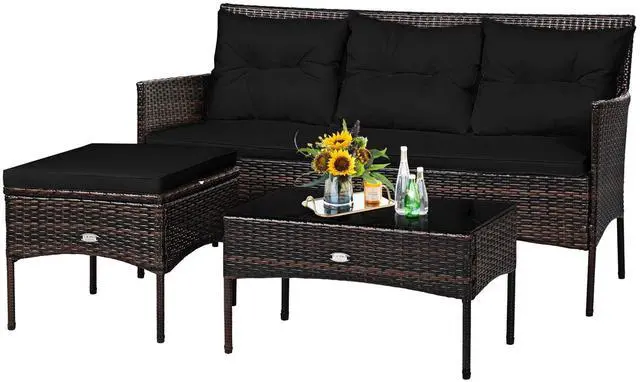 Main image of 3 Pieces Patio Conversation Set, All Weather Outdoor PE Rattan Wicker Furniture Set with Padded Cushions, Tempered Glass Coffee Table, for Poolside, Backyard, Garden