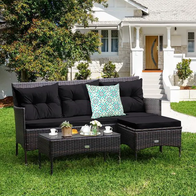 Alt view image 2 of 6 - 3 Pieces Patio Conversation Set, All Weather Outdoor PE Rattan Wicker Furniture Set with Padded Cushions, Tempered Glass Coffee Table, for Poolside, Backyard, Garden
