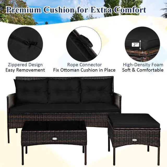 Alt view image 4 of 6 - 3 Pieces Patio Conversation Set, All Weather Outdoor PE Rattan Wicker Furniture Set with Padded Cushions, Tempered Glass Coffee Table, for Poolside, Backyard, Garden