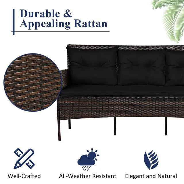 Alt view image 5 of 6 - 3 Pieces Patio Conversation Set, All Weather Outdoor PE Rattan Wicker Furniture Set with Padded Cushions, Tempered Glass Coffee Table, for Poolside, Backyard, Garden