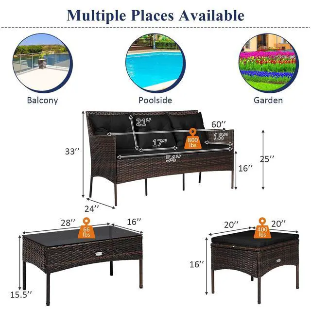 Alt view image 6 of 6 - 3 Pieces Patio Conversation Set, All Weather Outdoor PE Rattan Wicker Furniture Set with Padded Cushions, Tempered Glass Coffee Table, for Poolside, Backyard, Garden