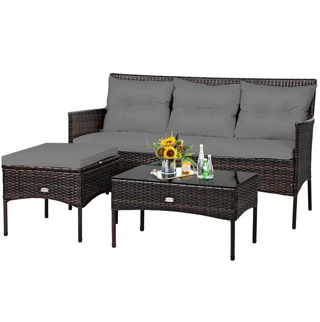 Main image of 3 Pieces Patio Conversation Set, All Weather Outdoor PE Rattan Wicker Furniture Set with Padded Cushions, Tempered Glass Coffee Table, for Poolside, Backyard, Garden (Gray)