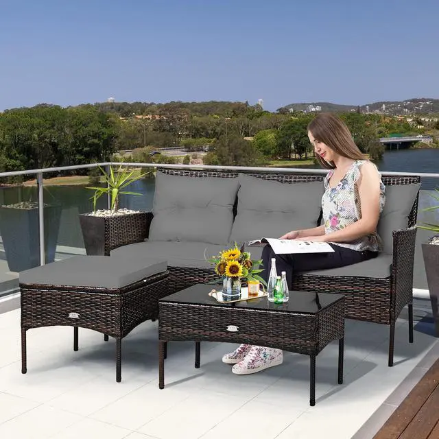 Alt view image 2 of 6 - 3 Pieces Patio Conversation Set, All Weather Outdoor PE Rattan Wicker Furniture Set with Padded Cushions, Tempered Glass Coffee Table, for Poolside, Backyard, Garden (Gray)