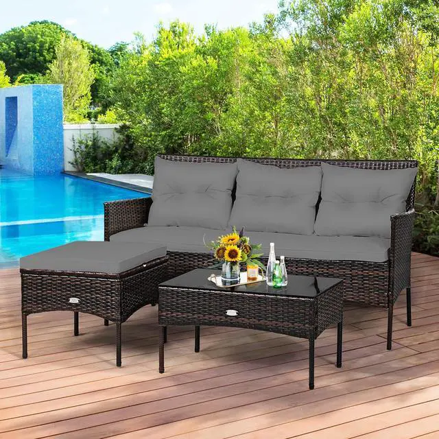 Alt view image 3 of 6 - 3 Pieces Patio Conversation Set, All Weather Outdoor PE Rattan Wicker Furniture Set with Padded Cushions, Tempered Glass Coffee Table, for Poolside, Backyard, Garden (Gray)