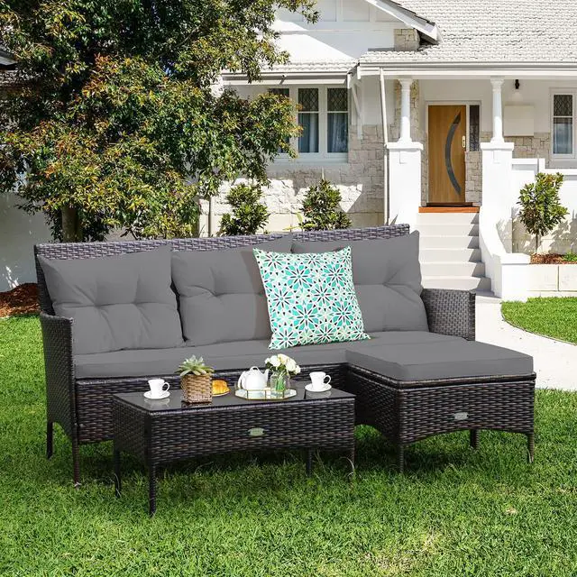 Alt view image 4 of 6 - 3 Pieces Patio Conversation Set, All Weather Outdoor PE Rattan Wicker Furniture Set with Padded Cushions, Tempered Glass Coffee Table, for Poolside, Backyard, Garden (Gray)