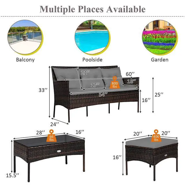 Alt view image 5 of 6 - 3 Pieces Patio Conversation Set, All Weather Outdoor PE Rattan Wicker Furniture Set with Padded Cushions, Tempered Glass Coffee Table, for Poolside, Backyard, Garden (Gray)