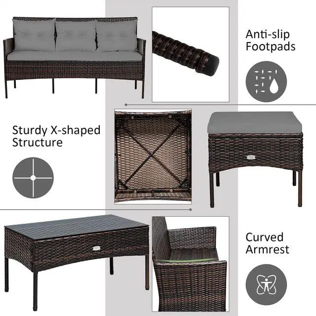 Alt view image 6 of 6 - 3 Pieces Patio Conversation Set, All Weather Outdoor PE Rattan Wicker Furniture Set with Padded Cushions, Tempered Glass Coffee Table, for Poolside, Backyard, Garden (Gray)
