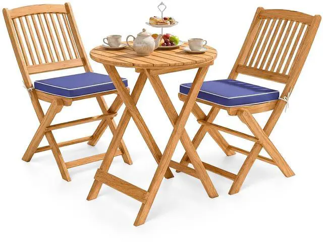 Main image of 3Pcs Patio Bistro Set, Wood Folding Table Set, 2 Cushioned Chairs for Garden Yard, Outdoor Furniture Round Table (Natural & Navy Blue)