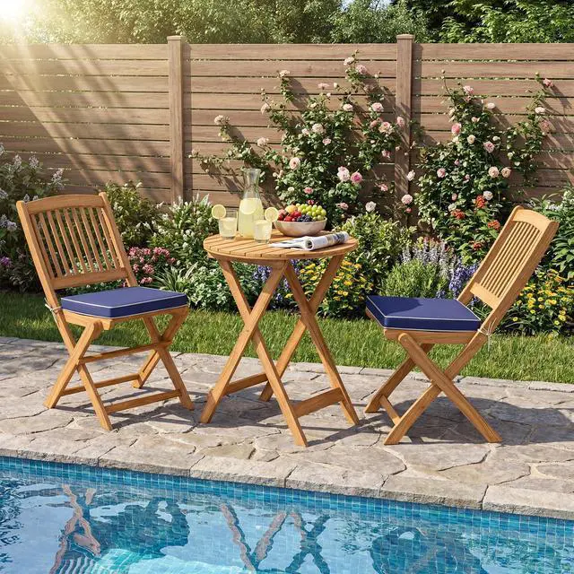 Alt view image 2 of 6 - 3Pcs Patio Bistro Set, Wood Folding Table Set, 2 Cushioned Chairs for Garden Yard, Outdoor Furniture Round Table (Natural & Navy Blue)