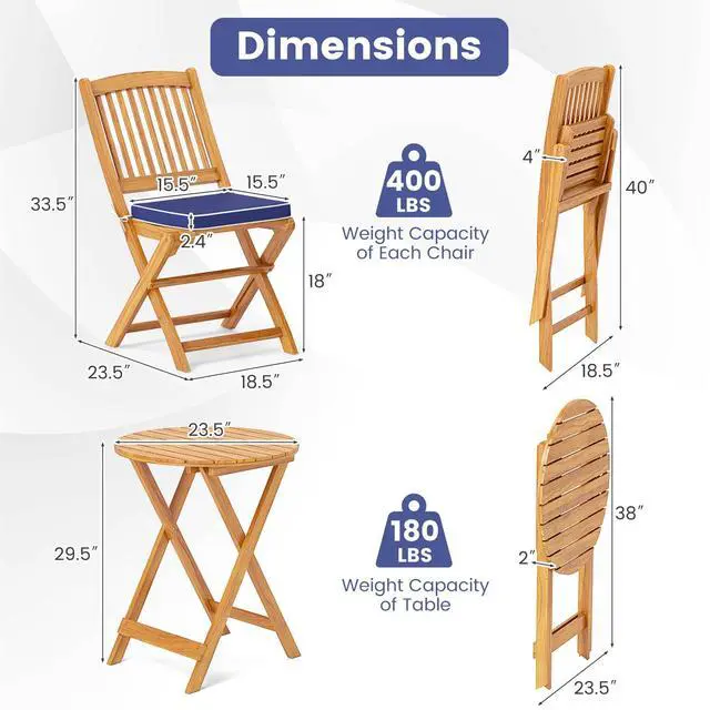 Alt view image 3 of 6 - 3Pcs Patio Bistro Set, Wood Folding Table Set, 2 Cushioned Chairs for Garden Yard, Outdoor Furniture Round Table (Natural & Navy Blue)
