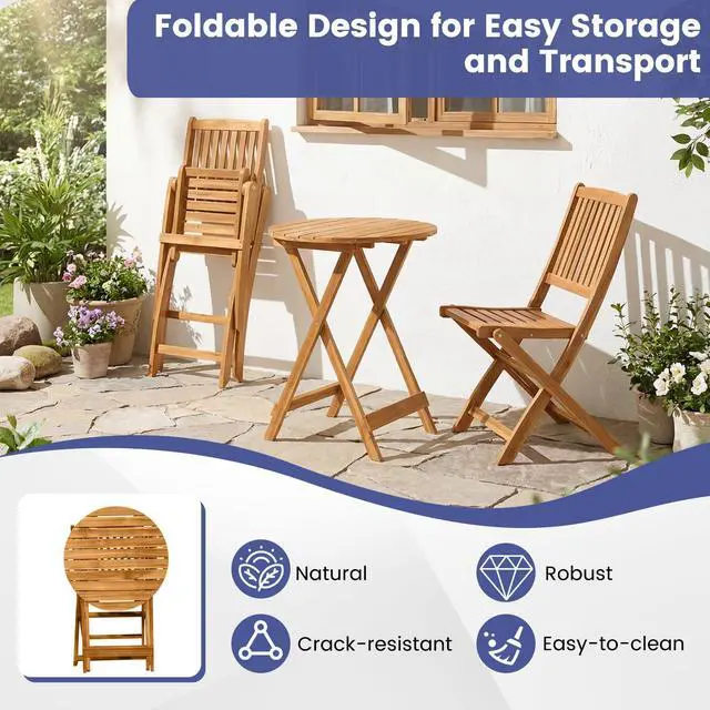 Alt view image 4 of 6 - 3Pcs Patio Bistro Set, Wood Folding Table Set, 2 Cushioned Chairs for Garden Yard, Outdoor Furniture Round Table (Natural & Navy Blue)