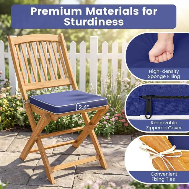 Alt view image 5 of 6 - 3Pcs Patio Bistro Set, Wood Folding Table Set, 2 Cushioned Chairs for Garden Yard, Outdoor Furniture Round Table (Natural & Navy Blue)