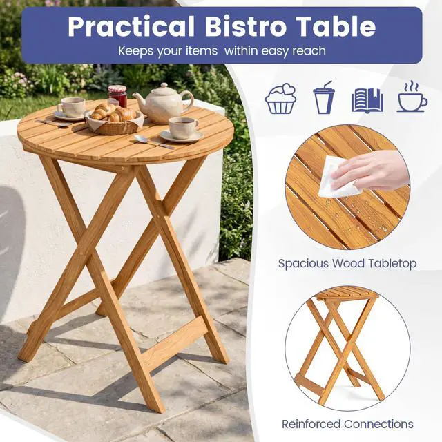 Alt view image 6 of 6 - 3Pcs Patio Bistro Set, Wood Folding Table Set, 2 Cushioned Chairs for Garden Yard, Outdoor Furniture Round Table (Natural & Navy Blue)