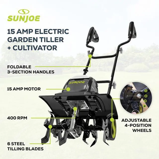 Alt view image 3 of 6 - Corded Electric Garden Tiller & Cultivator with 15-Amp Motor and 6 Steel Tines Heavy-Duty Rototiller with 15.7" Cutting Width for Outdoor Lawn, Yard & Soil Aeration, TJ605E