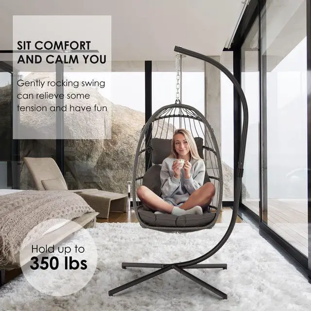 Alt view image 3 of 6 - Swing Egg Chair, Hammock, Hanging Chair, Aluminum Frame and UV Resistant Cushion with Steel Stand, Indoor Outdoor Patio Porch Lounge Bedroom Hand Made Wicker Rattan, 350LBS Capacity
