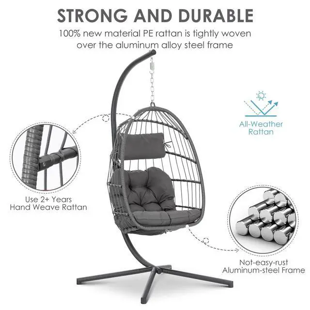 Alt view image 4 of 6 - Swing Egg Chair, Hammock, Hanging Chair, Aluminum Frame and UV Resistant Cushion with Steel Stand, Indoor Outdoor Patio Porch Lounge Bedroom Hand Made Wicker Rattan, 350LBS Capacity
