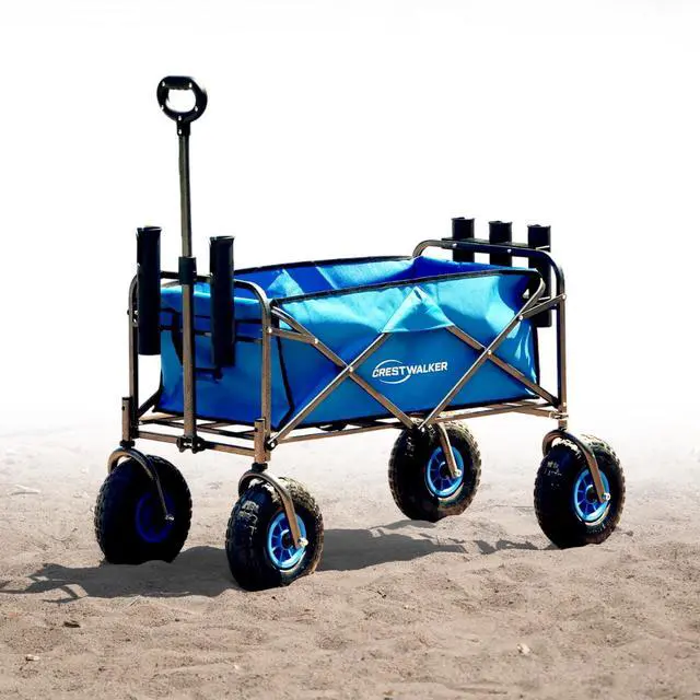 Main image of Beach Wagon with Balloon Wheels, Collapsible Cart with Big Wheels for Sand, Folds Thin with Quick-Release Wheel Forks (with Rod Holder, 10''x3'' Rubber Tire)