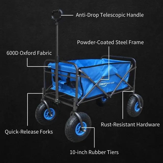 Alt view image 3 of 6 - Beach Wagon with Balloon Wheels, Collapsible Cart with Big Wheels for Sand, Folds Thin with Quick-Release Wheel Forks (with Rod Holder, 10''x3'' Rubber Tire)