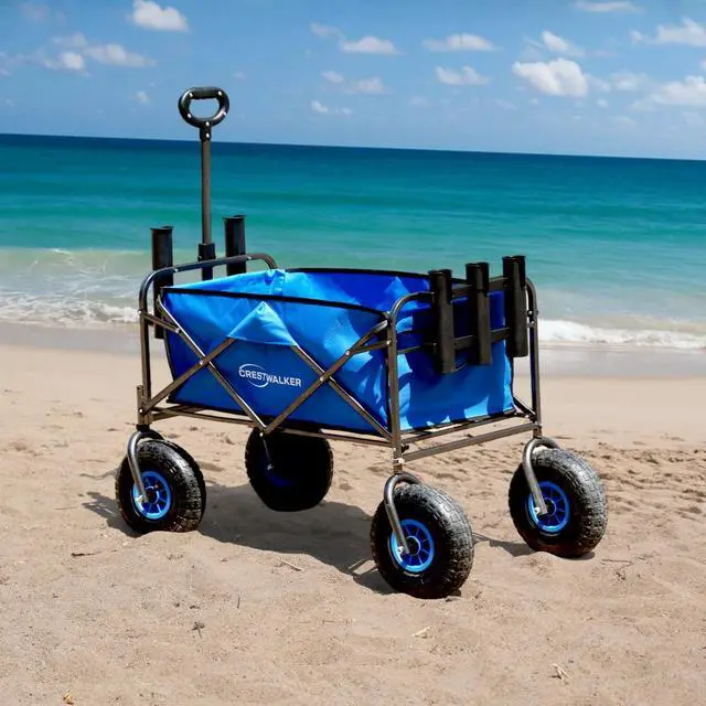 Alt view image 6 of 6 - Beach Wagon with Balloon Wheels, Collapsible Cart with Big Wheels for Sand, Folds Thin with Quick-Release Wheel Forks (with Rod Holder, 10''x3'' Rubber Tire)