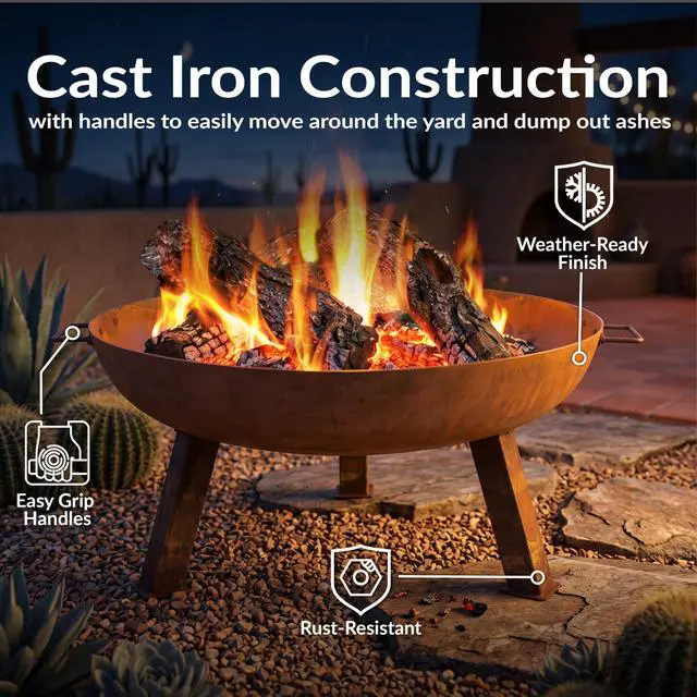 Alt view image 3 of 6 - Sunnydaze Cast Iron Heavy Duty Fire Pit for Outside - Wood Burning Outdoor Fire Pit Bowl with Handles for Patio, Backyard, Camping - 24" - Rust